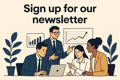 Newsletter signup illustration showing business professionals analyzing data and collaborating on solutions